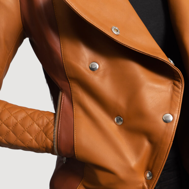 Womens County Tan Overlap Leather Jacket Close-Up-9-1664356764379